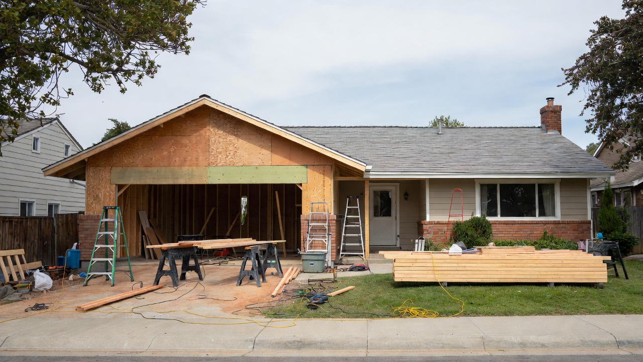 Ranch house with a front garage addition under construction and driveway materials on site.