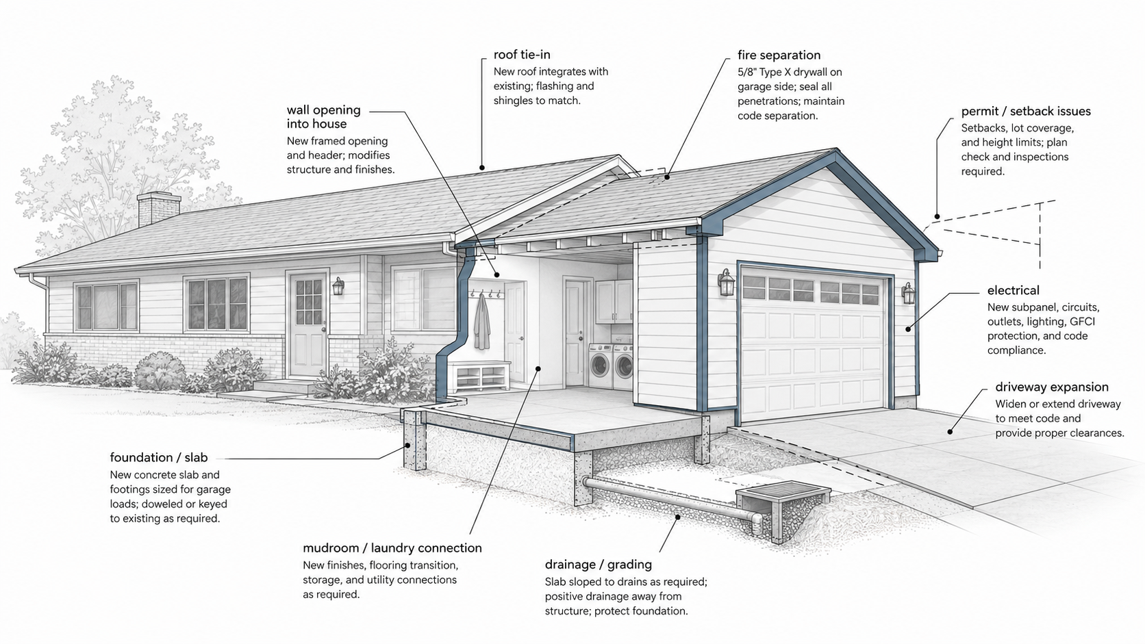 Diagram mapping hidden scope items around a ranch house garage addition.