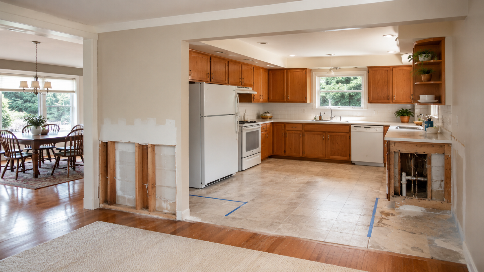 A ranch kitchen remodel showing wall patching, floor transitions, and exposed plumbing.