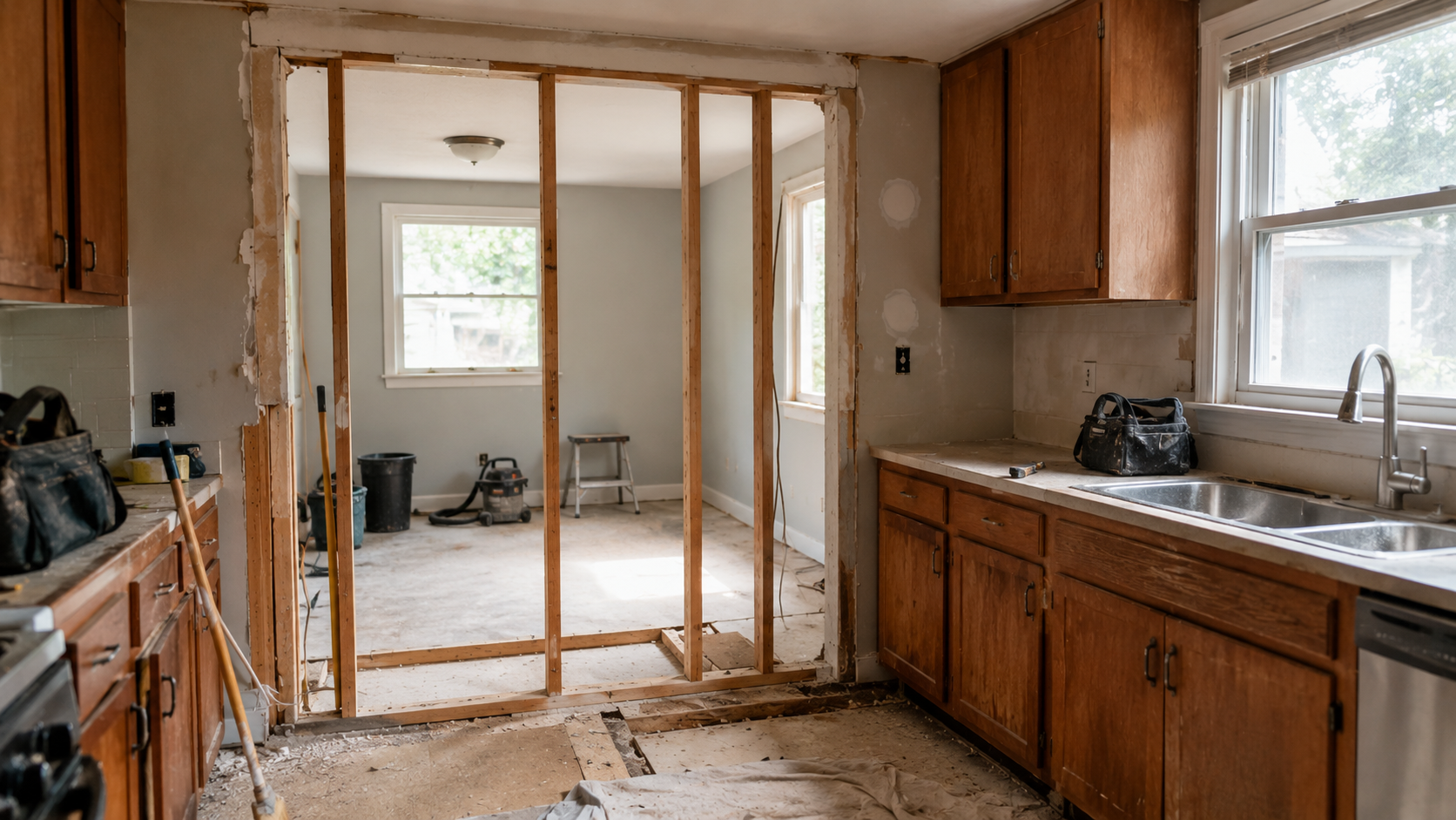 1950s ranch kitchen wall opening with exposed framing during remodel.