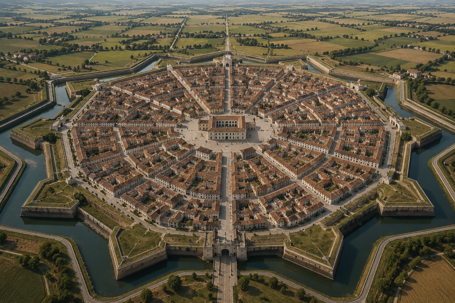 Aerial view of a Renaissance ideal city with star-shaped fortifications, radial streets, a central civic square, defensive walls, gates, moat, and surrounding farmland.