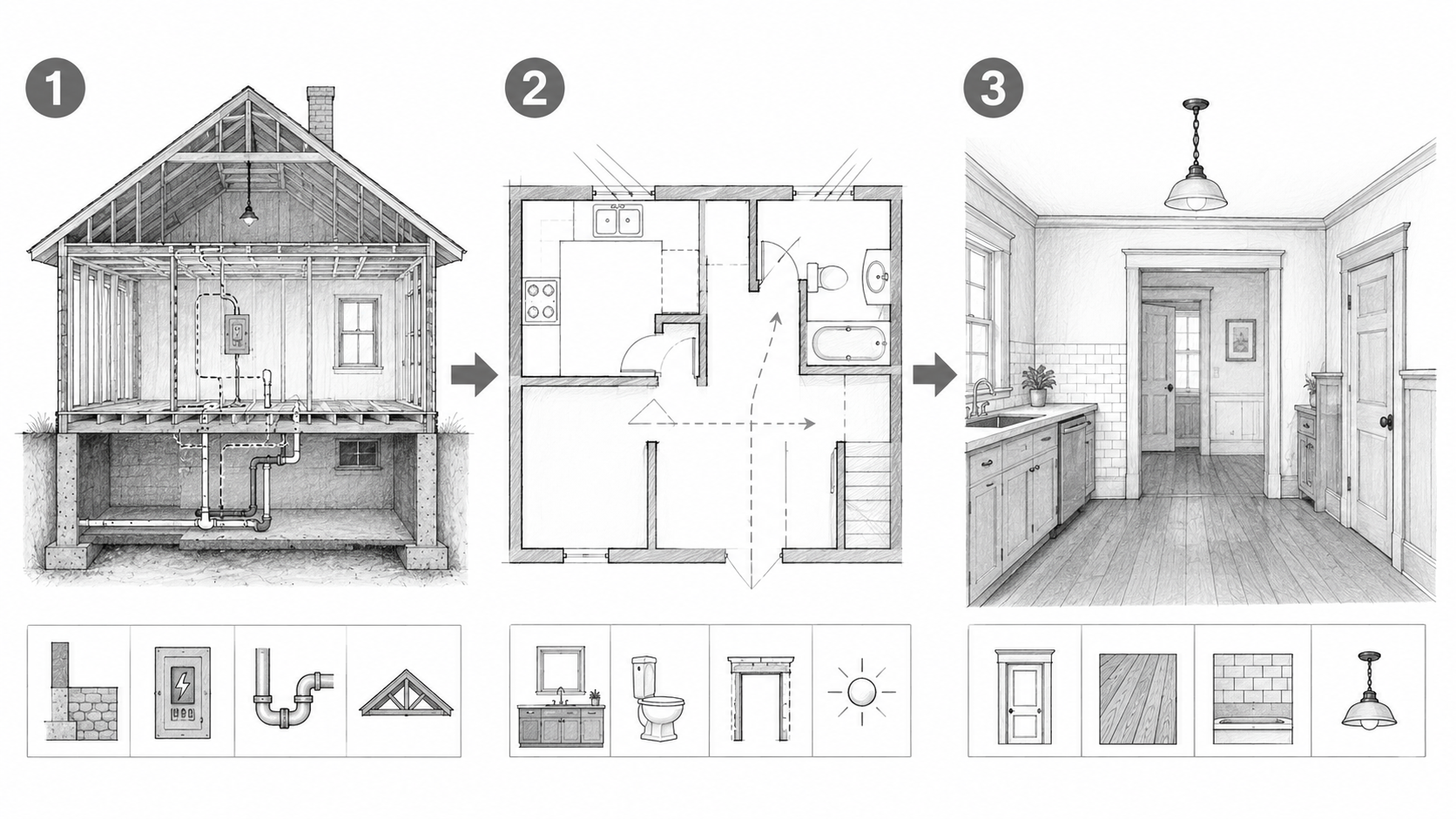 Visual diagram showing the correct order for renovating a 1920s house.