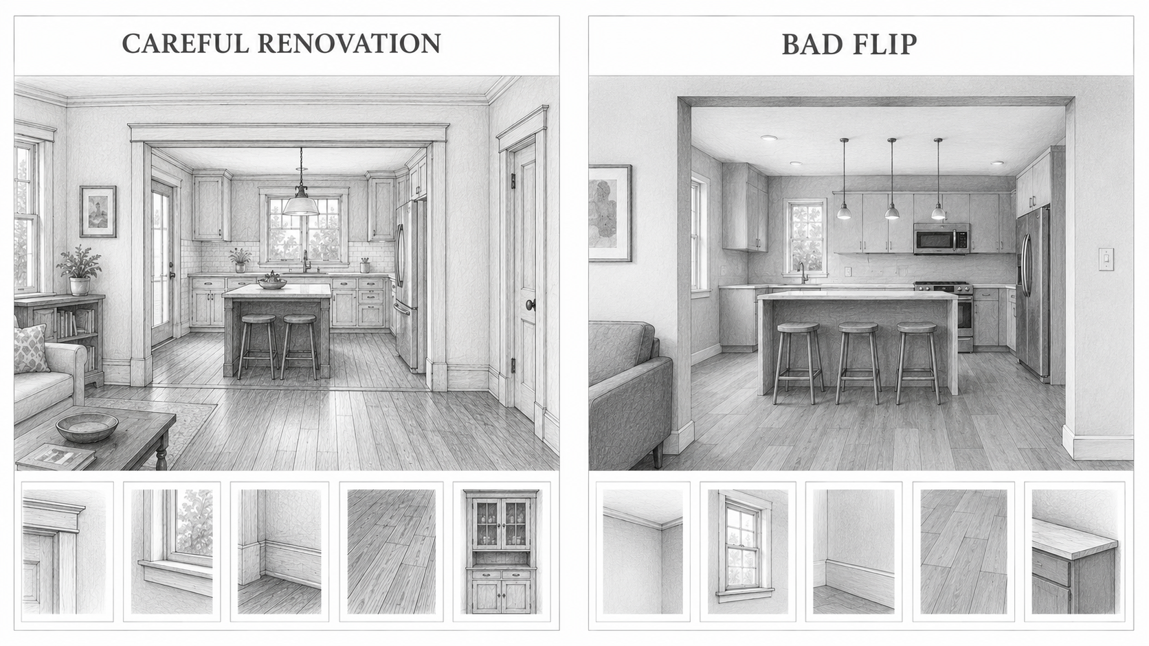 Visual comparison of careful 1920s house renovation versus bad flip updates.