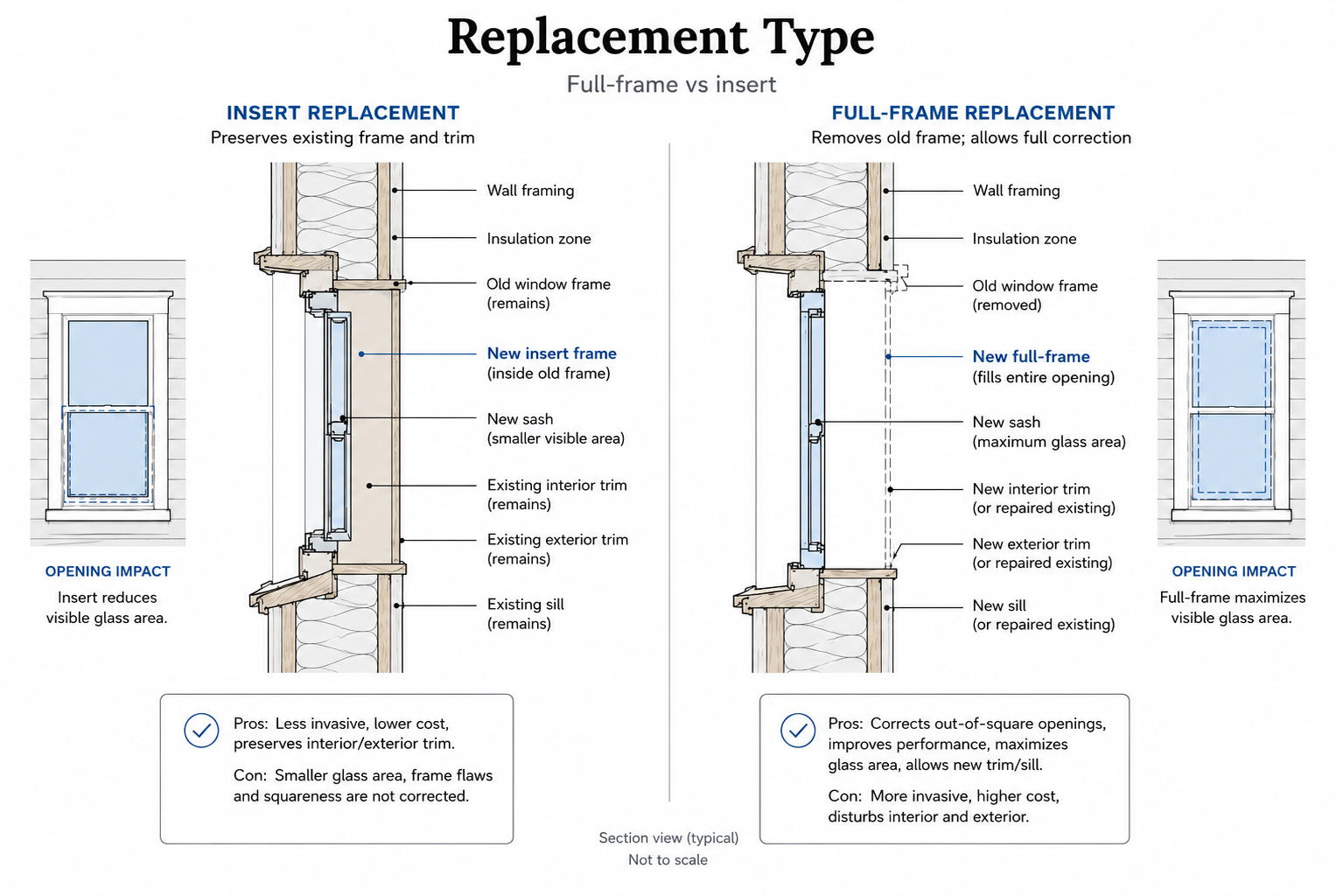 Diagram comparing insert replacement and full-frame window replacement in a wall section.