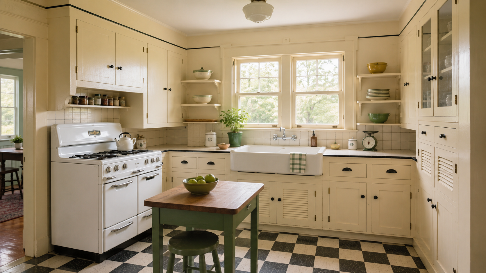 Restored 1930s kitchen with painted built-ins, enamel stove, checkerboard floor, and sink under a window.