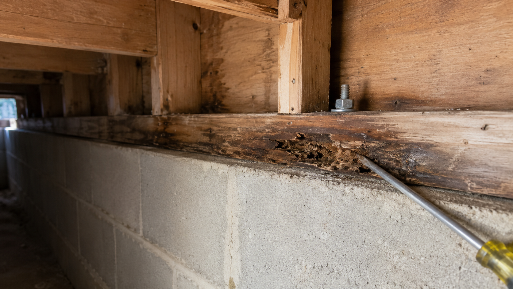 Rotted sill plate checked at the foundation edge before repair.