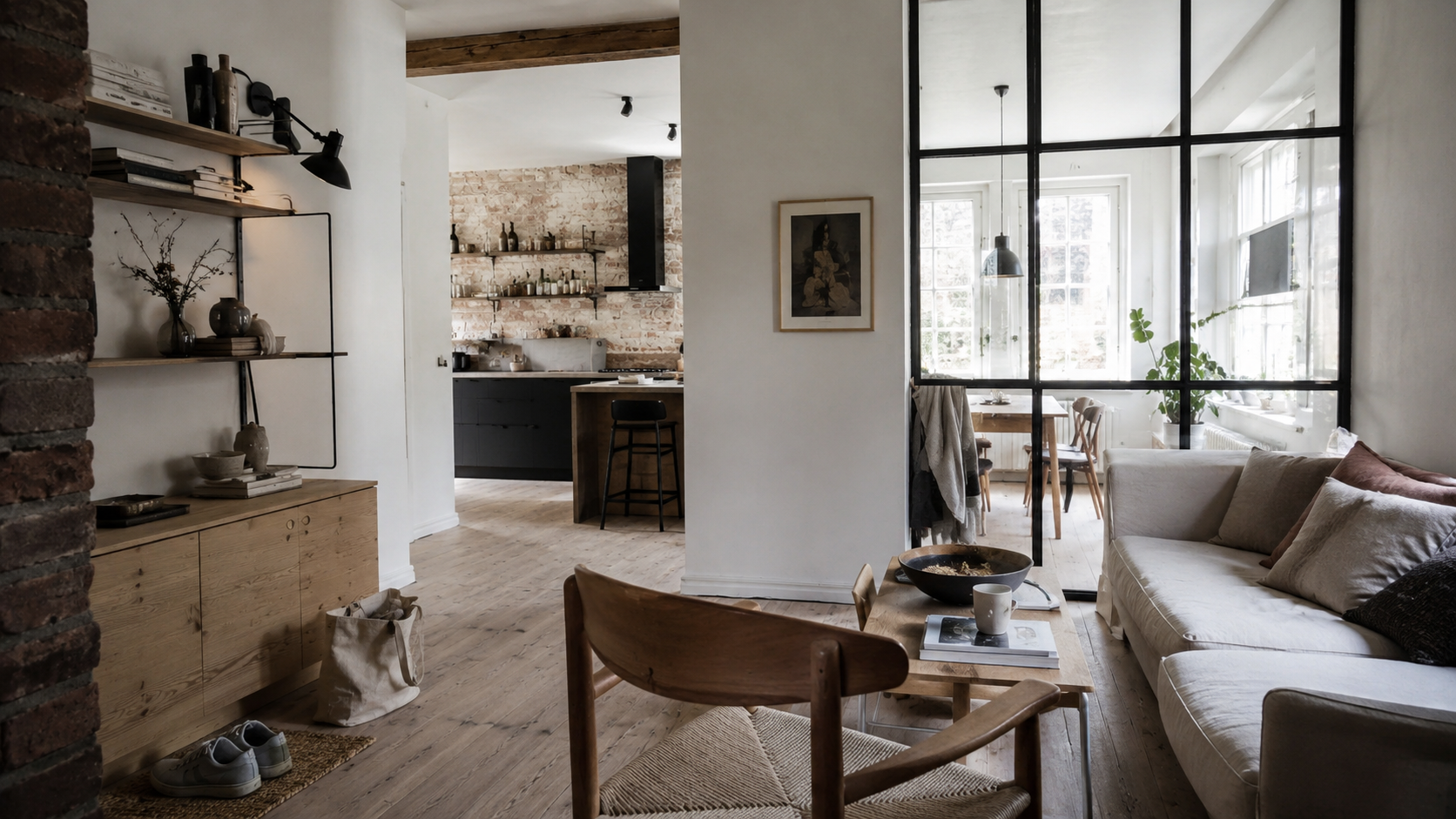 Scandinavian industrial living room with pale wood, black metal, brick, soft seating, and daylight.