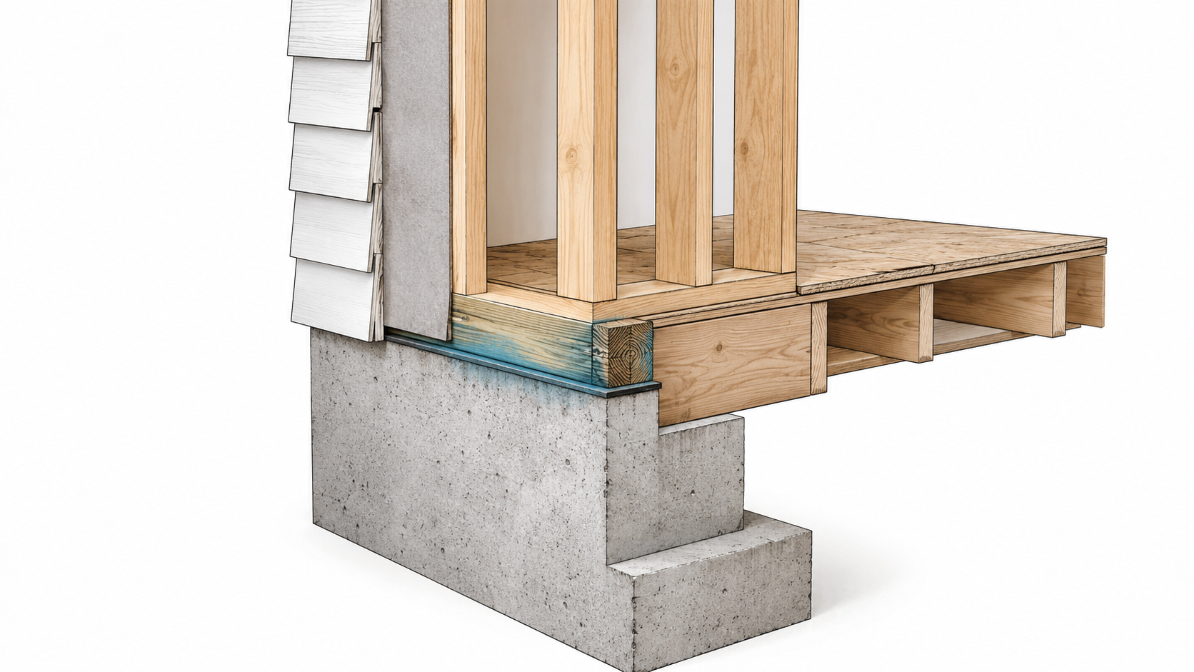 Visual diagram showing the sill plate between the foundation and wall framing.