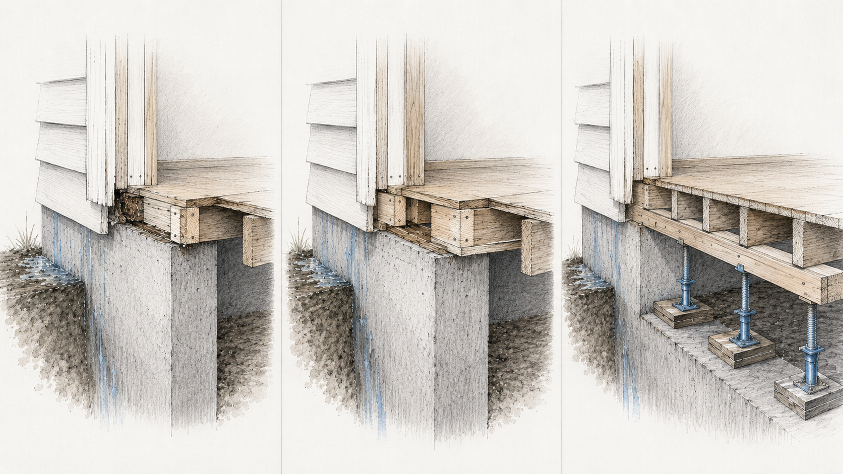 Sketch comparison showing three levels of rotted sill plate repair.