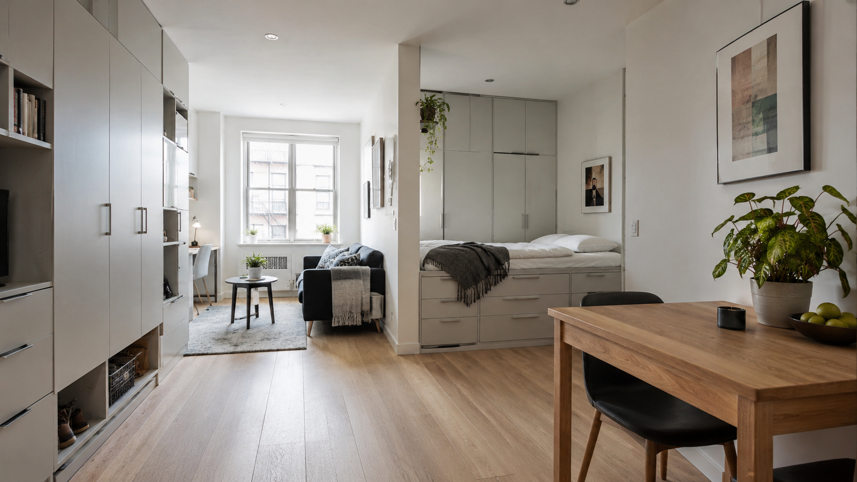 Small apartment layout with storage wall, clear walking path, compact sofa, and bed storage.