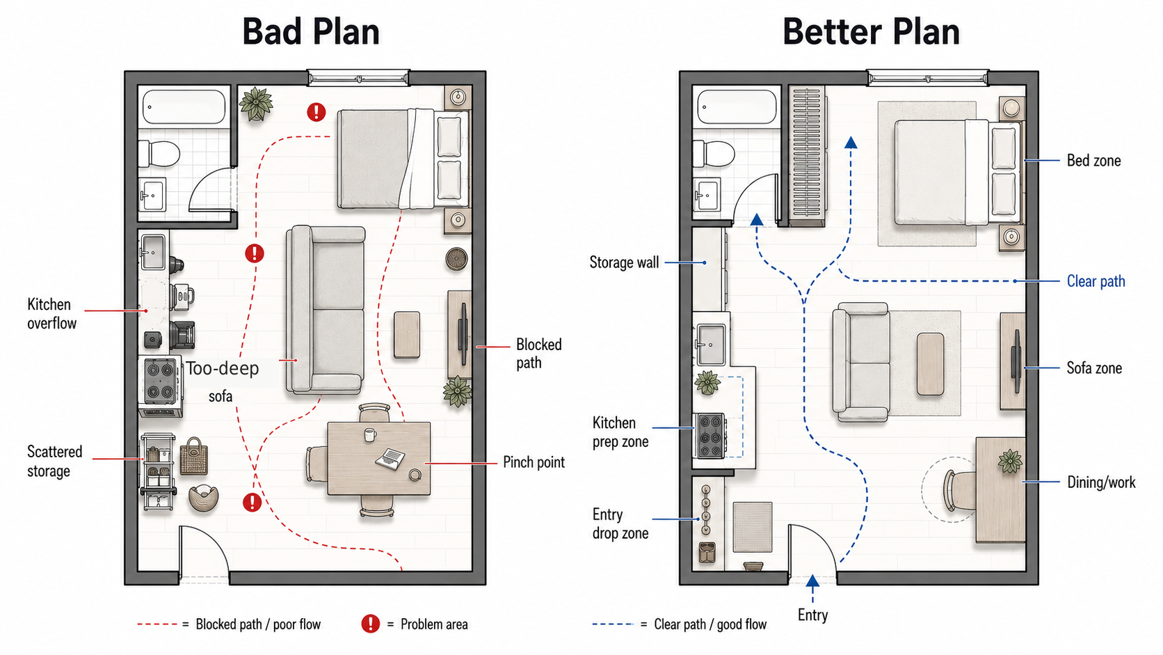 Bad and better small apartment floor plan showing blocked and clear walking paths.