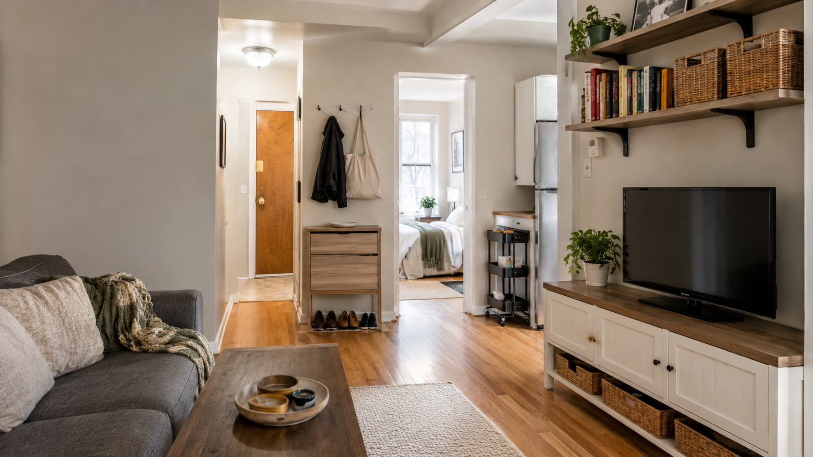 Small apartment living area with entry storage, wall shelves, baskets, kitchen cart, and closed cabinet.