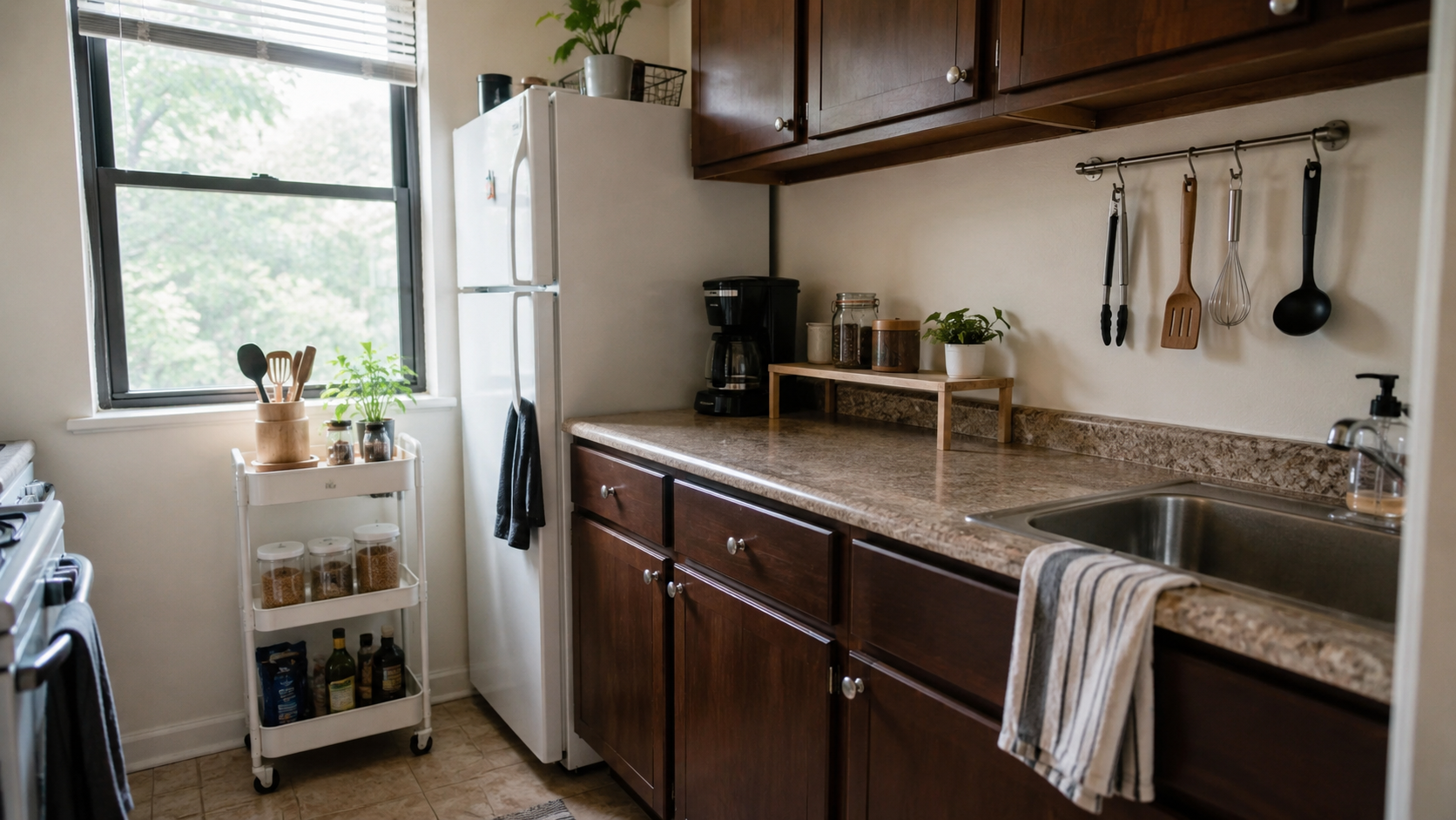 Small apartment kitchen with cleared counter, wall rail, shelf riser, and rolling cart.
