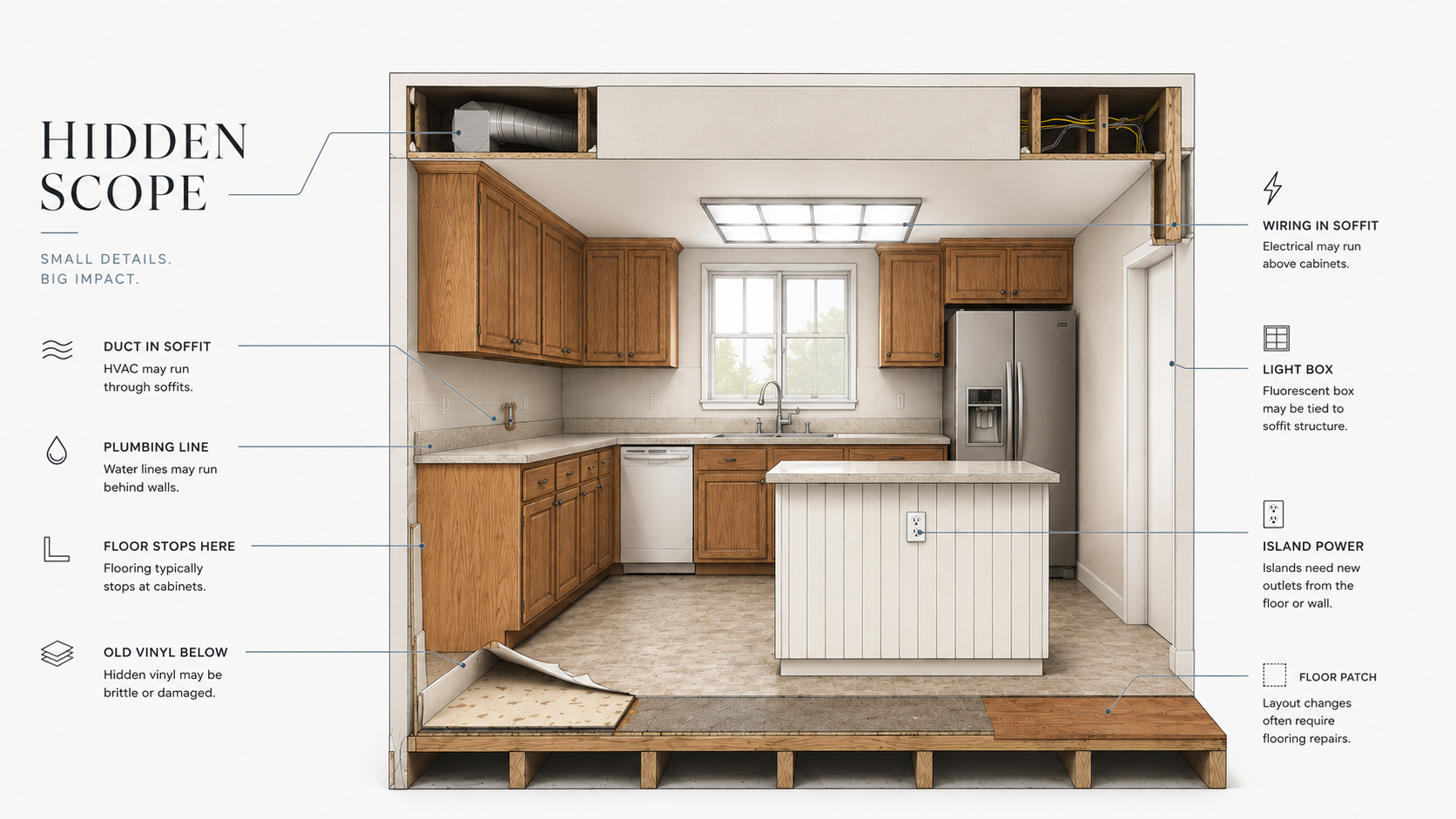 Diagram showing how soffits and flooring patches can expand a 1990s kitchen remodel.