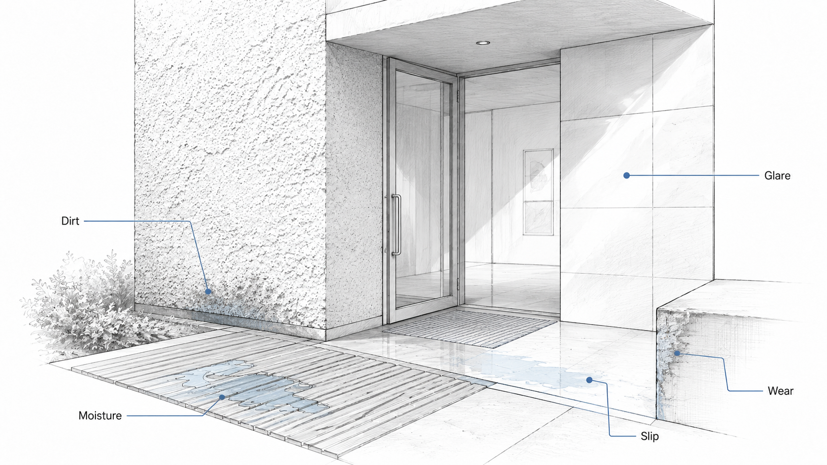 Diagram showing dirt, moisture, glare, slip, and wear risks at a building entry threshold.