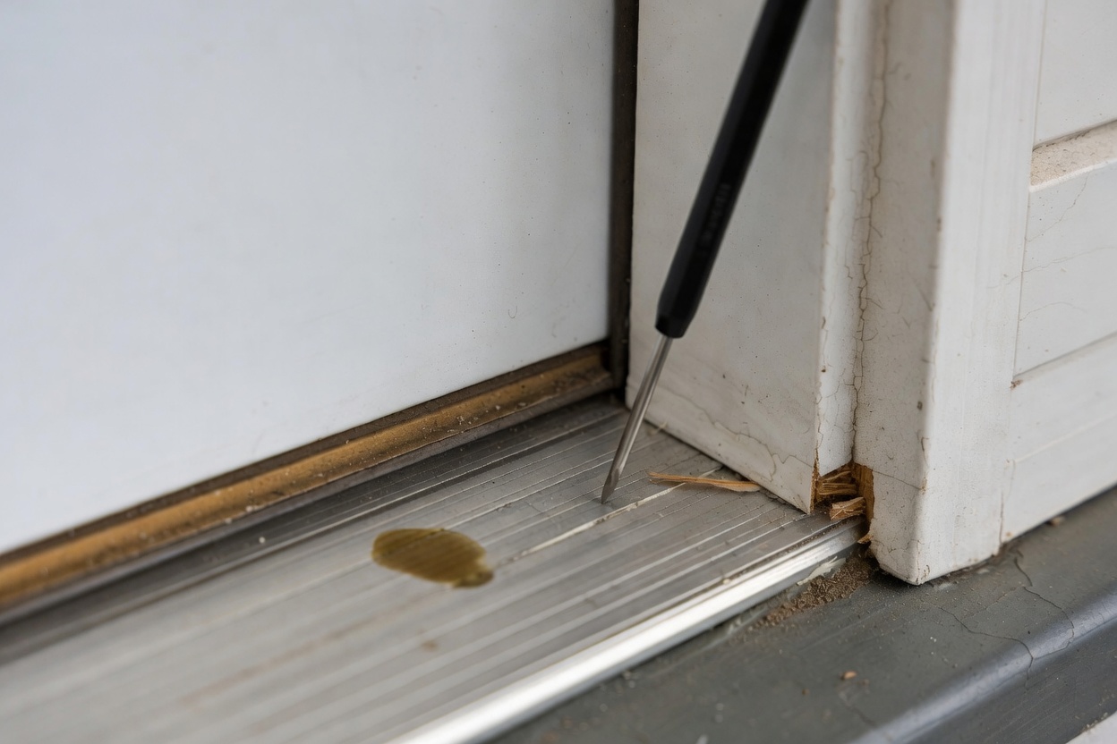 Tool checking an exterior door threshold joint for water entry.