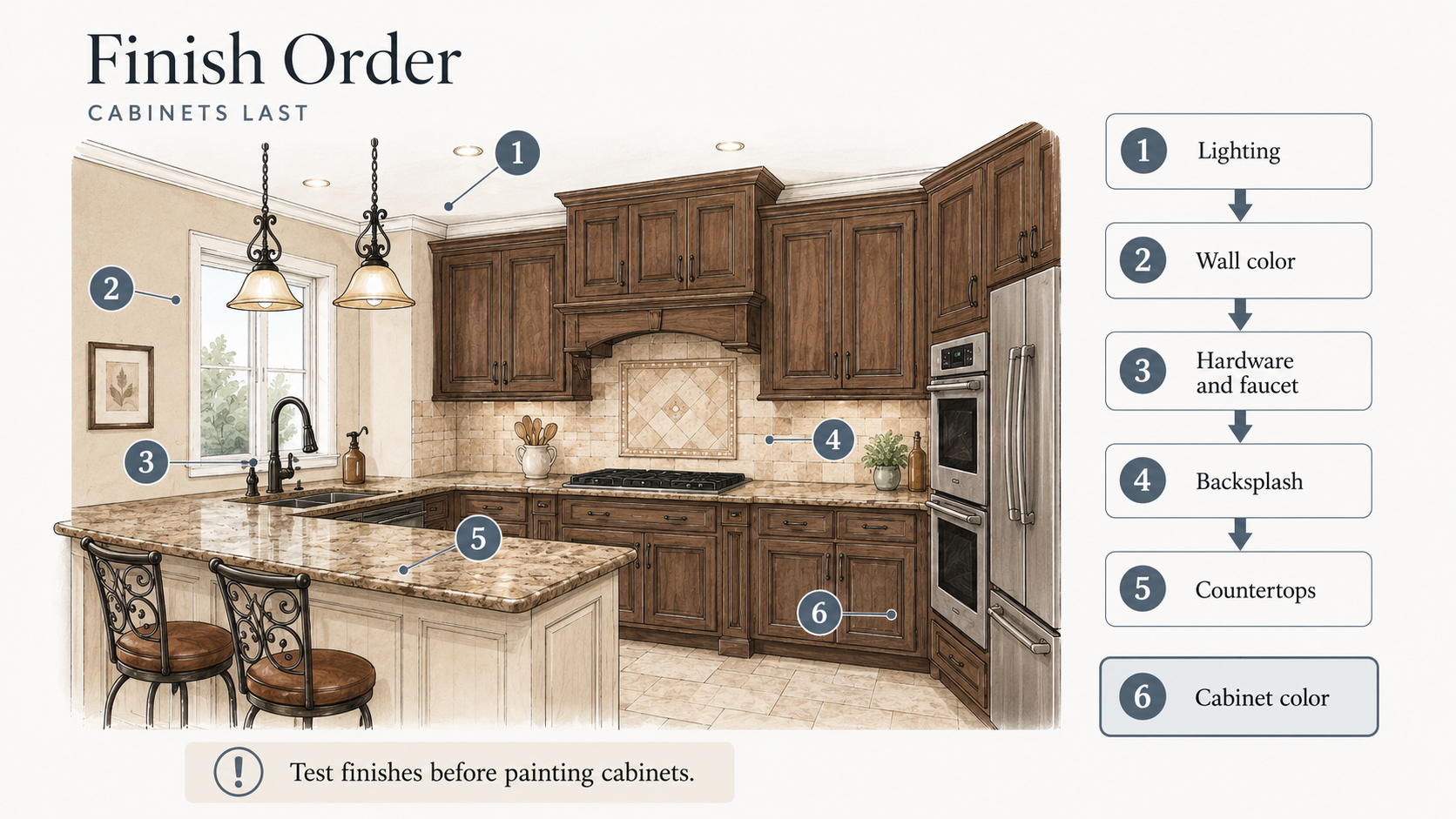 Diagram showing why cabinet color should be chosen last in a 2000s Tuscan kitchen update.
