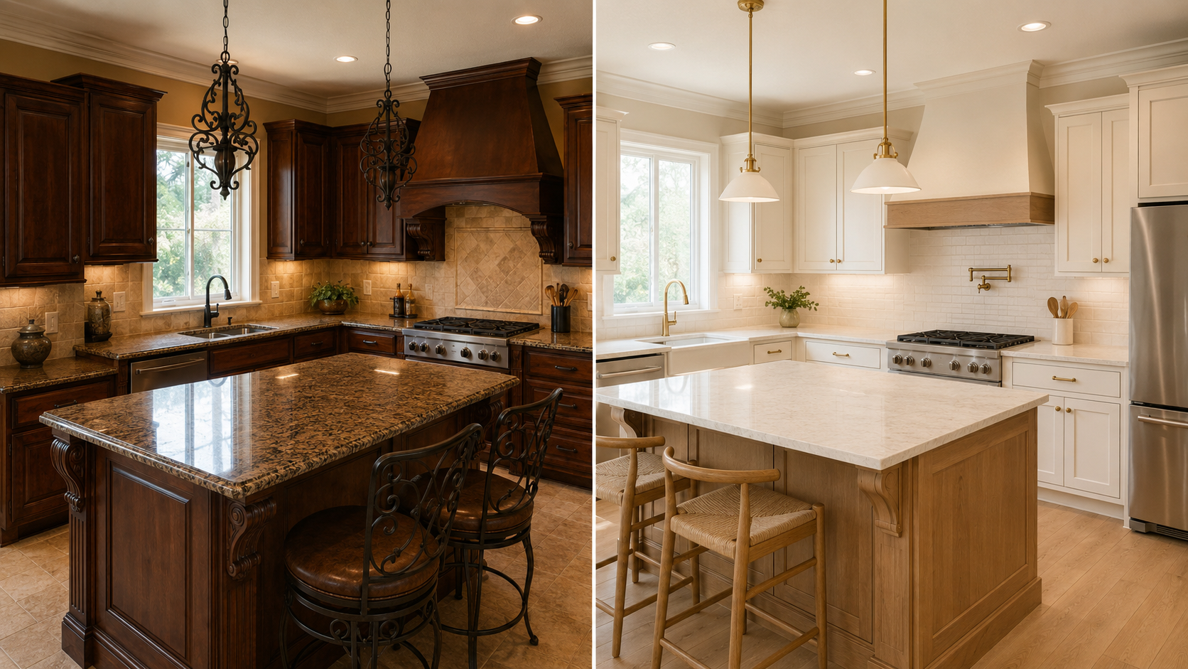 Before and after 2000s Tuscan kitchen update with darker original finishes and a lighter warmer remodel.