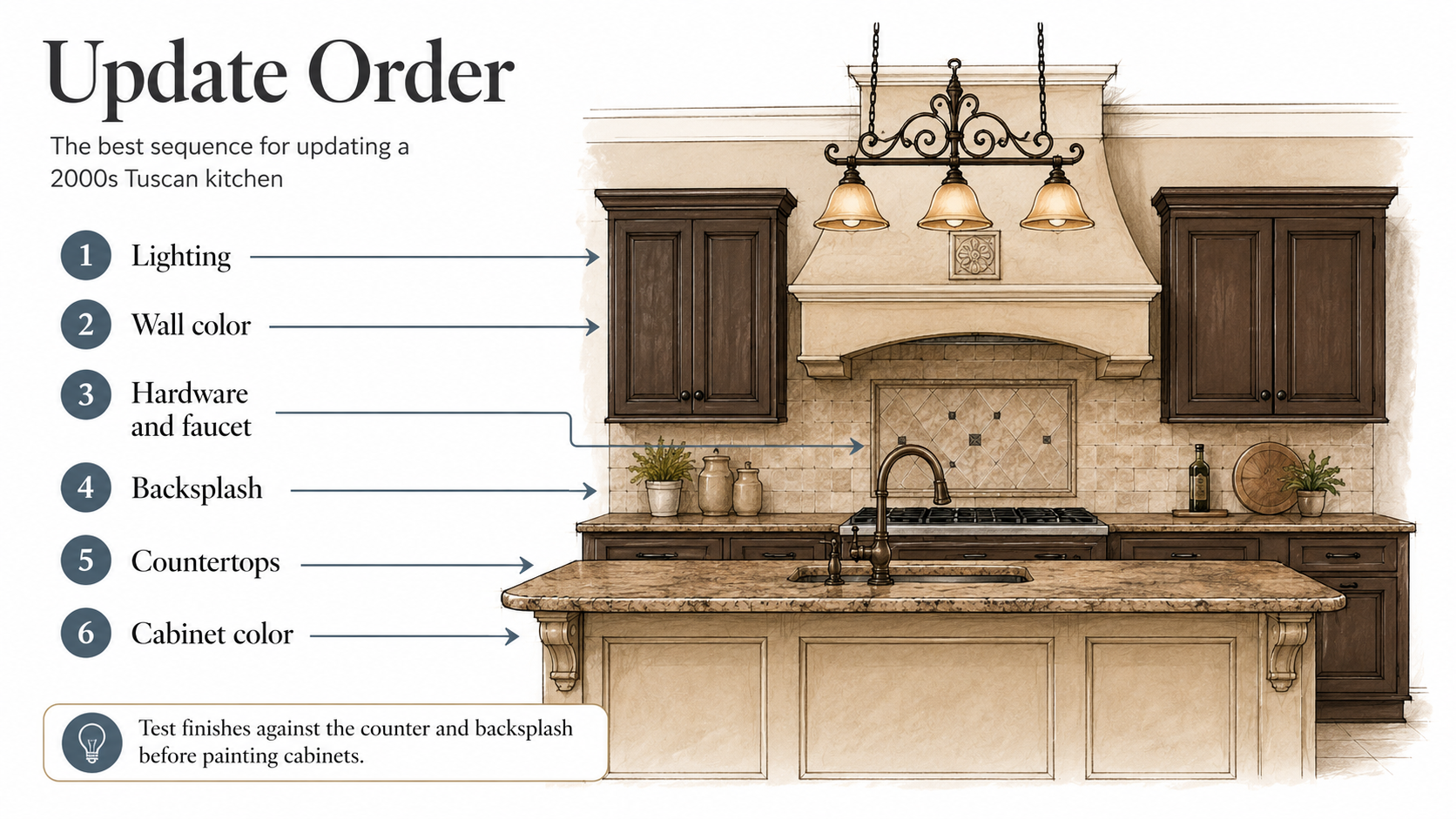 Diagram showing the update order for a 2000s Tuscan kitchen, with cabinets painted last.