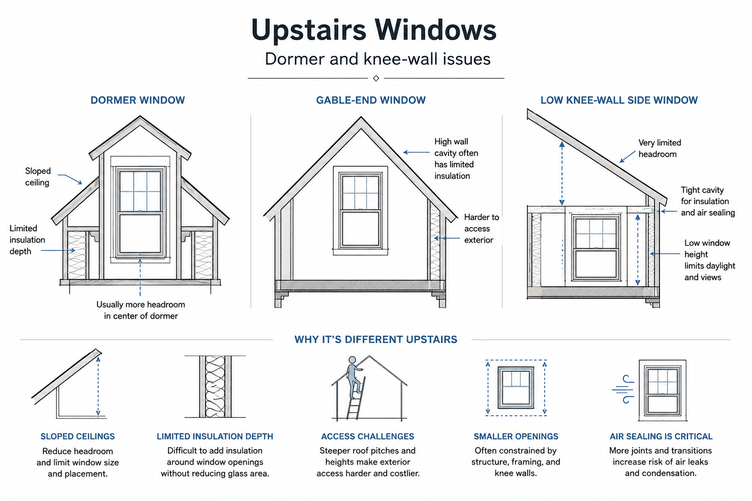 Diagram showing dormer, gable-end, and knee-wall window issues in Cape Cod upstairs rooms.