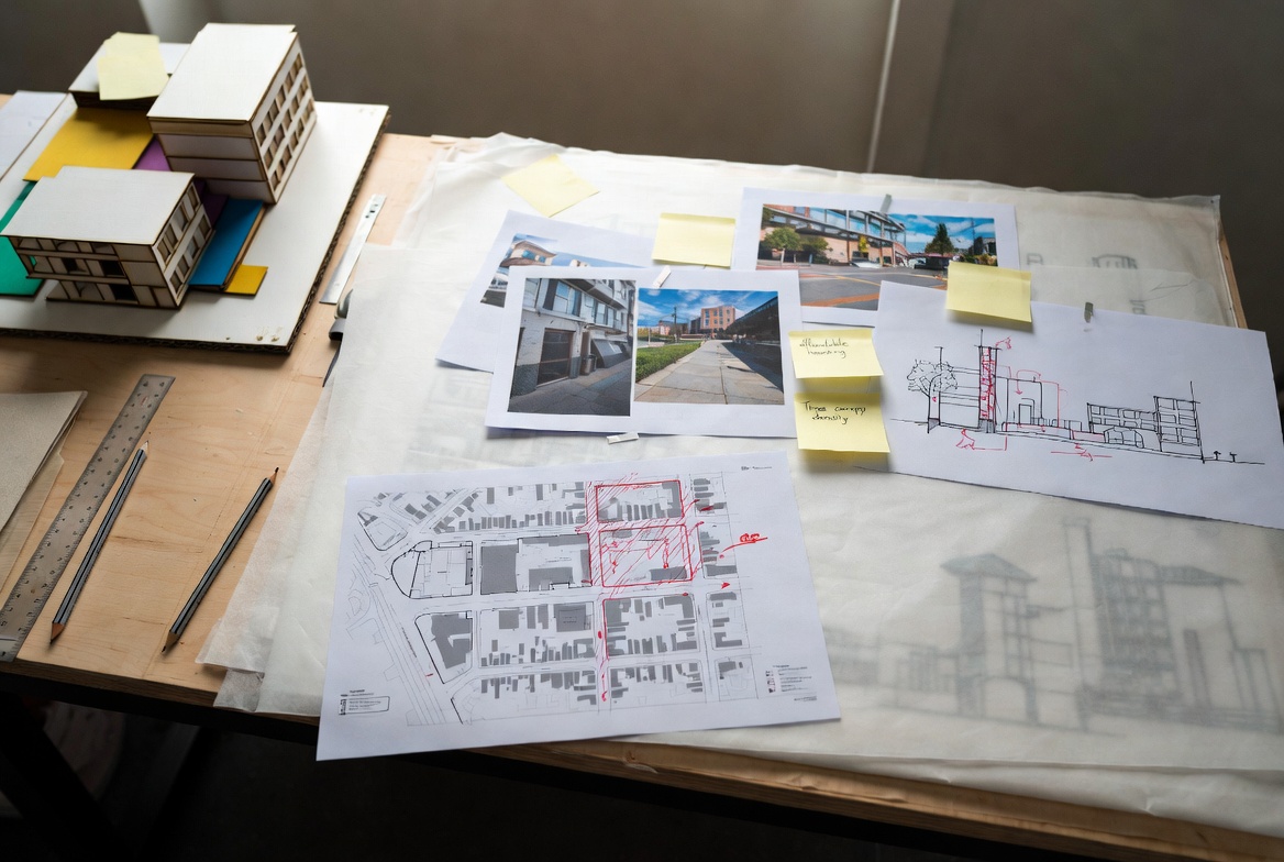 Urban planning materials with zoning maps, transit notes, affordable housing analysis and mixed-use model.