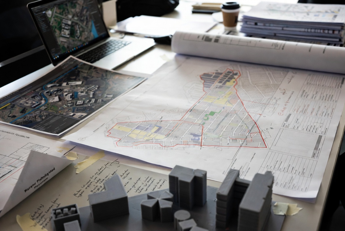 Urban planner desk with zoning maps, redlined master plans, GIS imagery and neighborhood model