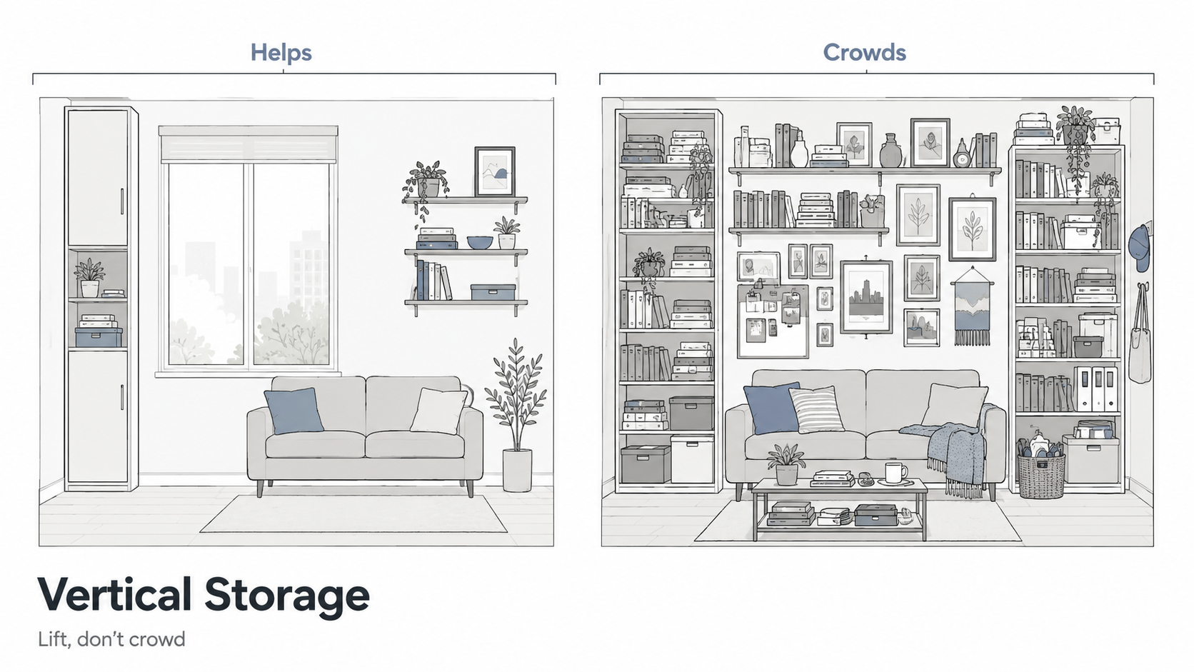 Diagram comparing vertical storage that opens a room with shelving that crowds it.