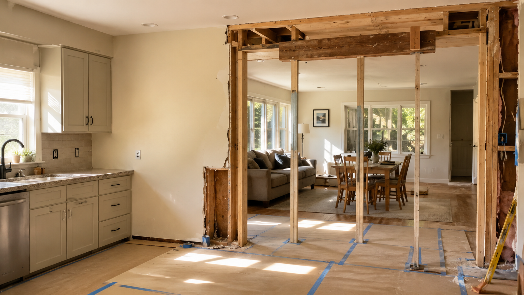 Kitchen wall removal opening with exposed framing and temporary support.