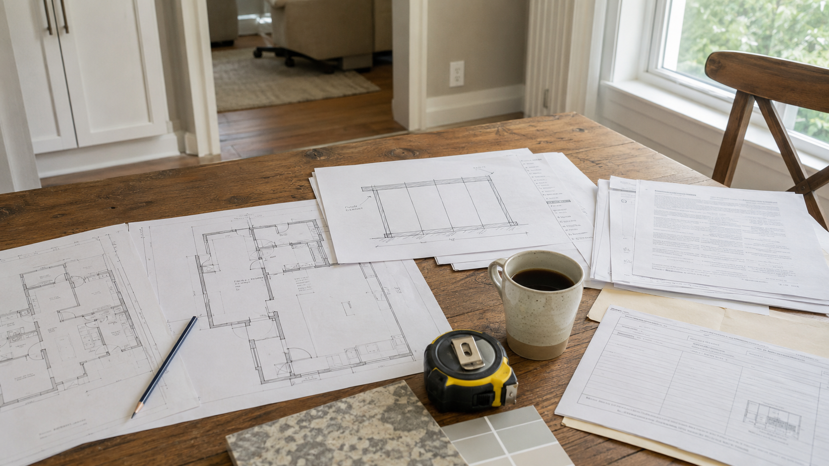 Wall removal plans with beam notes and permit paperwork on a table.