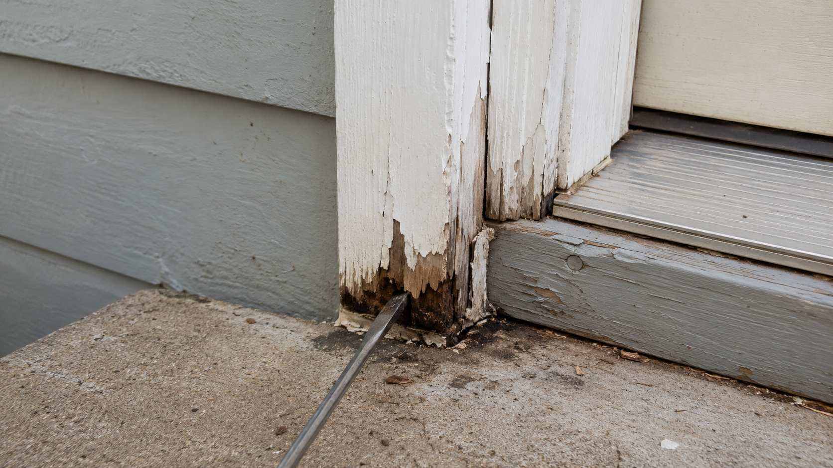 Water damaged exterior door frame with rot at the lower jamb.