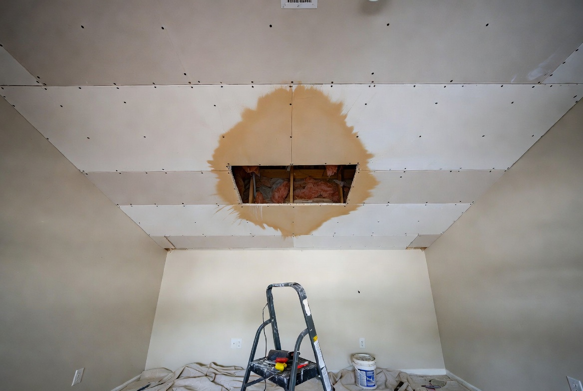 Wet ceiling drywall with a small cutout exposing the leak area above the damaged patch.