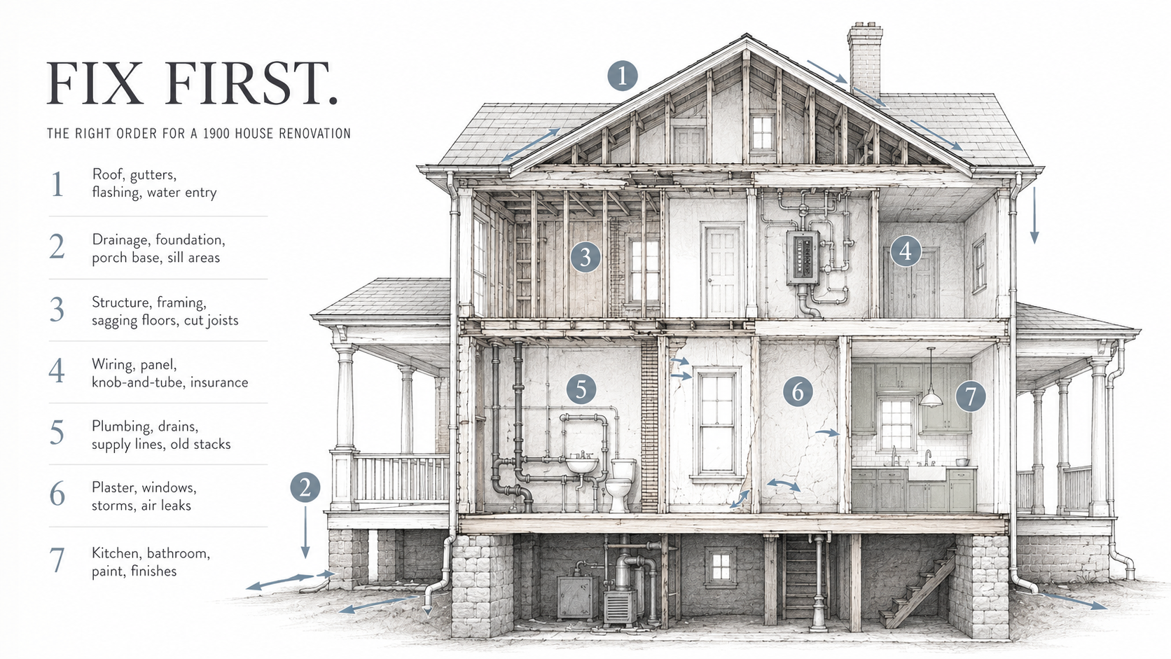 Cutaway diagram of an early 1900s house showing the correct renovation order from roof and drainage to structure, wiring, plumbing, plaster, windows, and finishes.