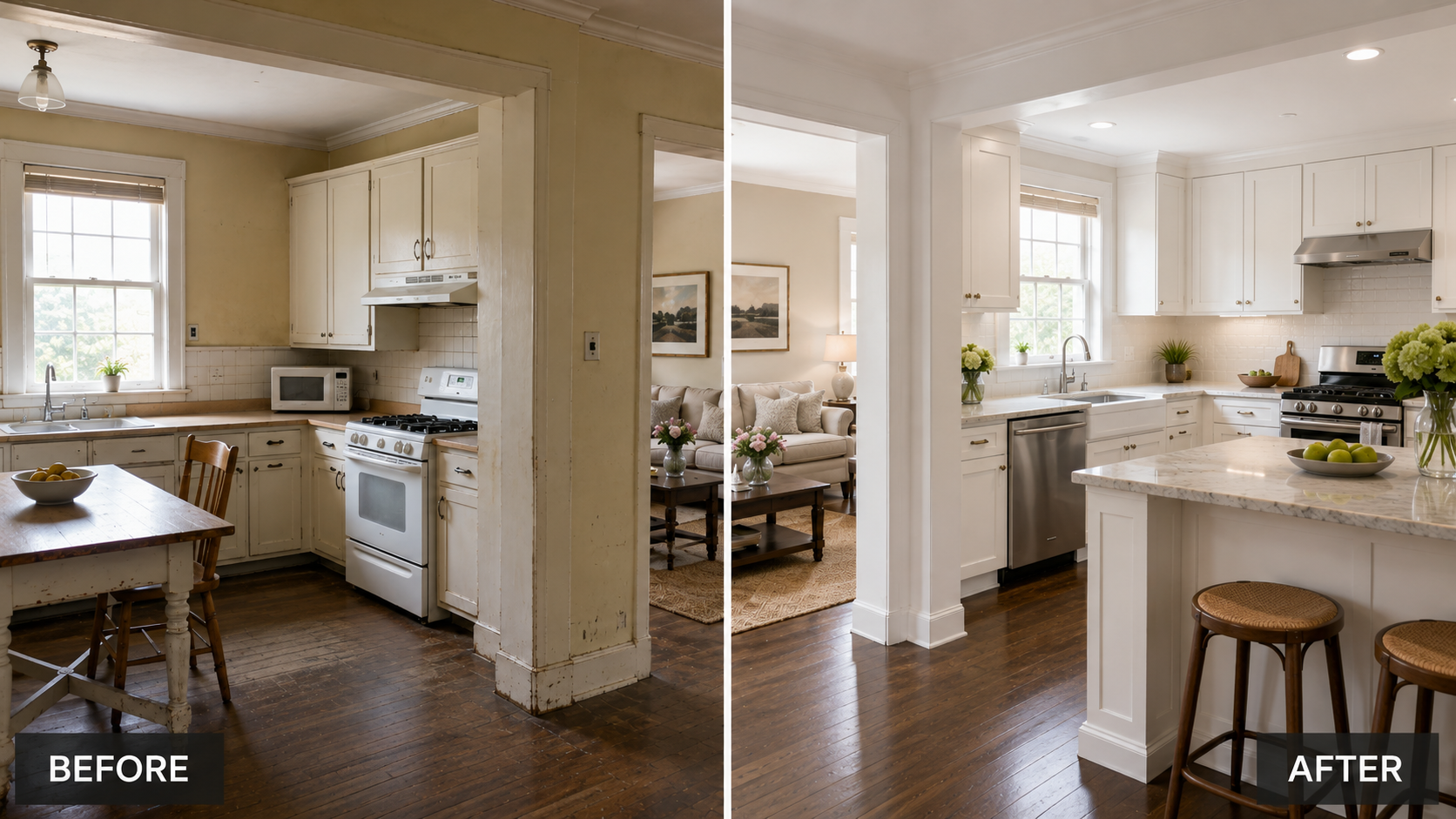 Before-and-after comparison of a later-remodeled kitchen inside a house built around 1900, showing worn cabinets and floors beside a bright modern renovation.