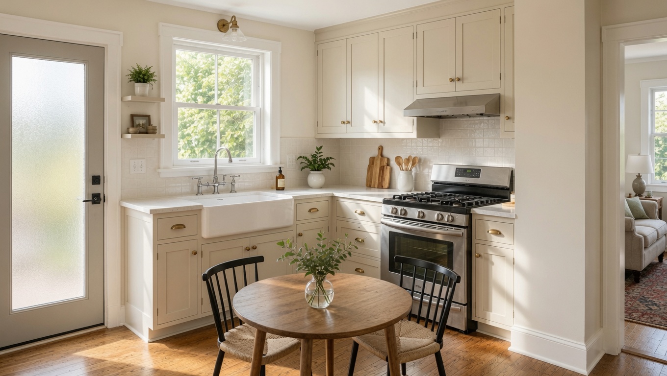 Bright remodeled kitchen in a house built around 1900 with white cabinets, a farmhouse sink, stainless range, frosted-glass door and a small round dining table.