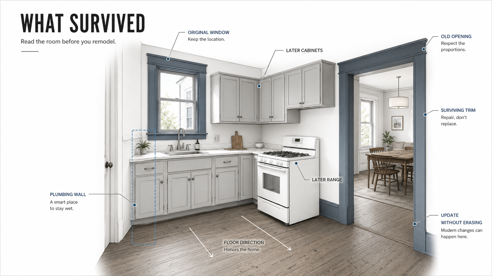 Architectural diagram showing surviving features to identify before remodeling a 1900s kitchen, including the original window, doorway trim, floor direction, plumbing wall, and later additions.