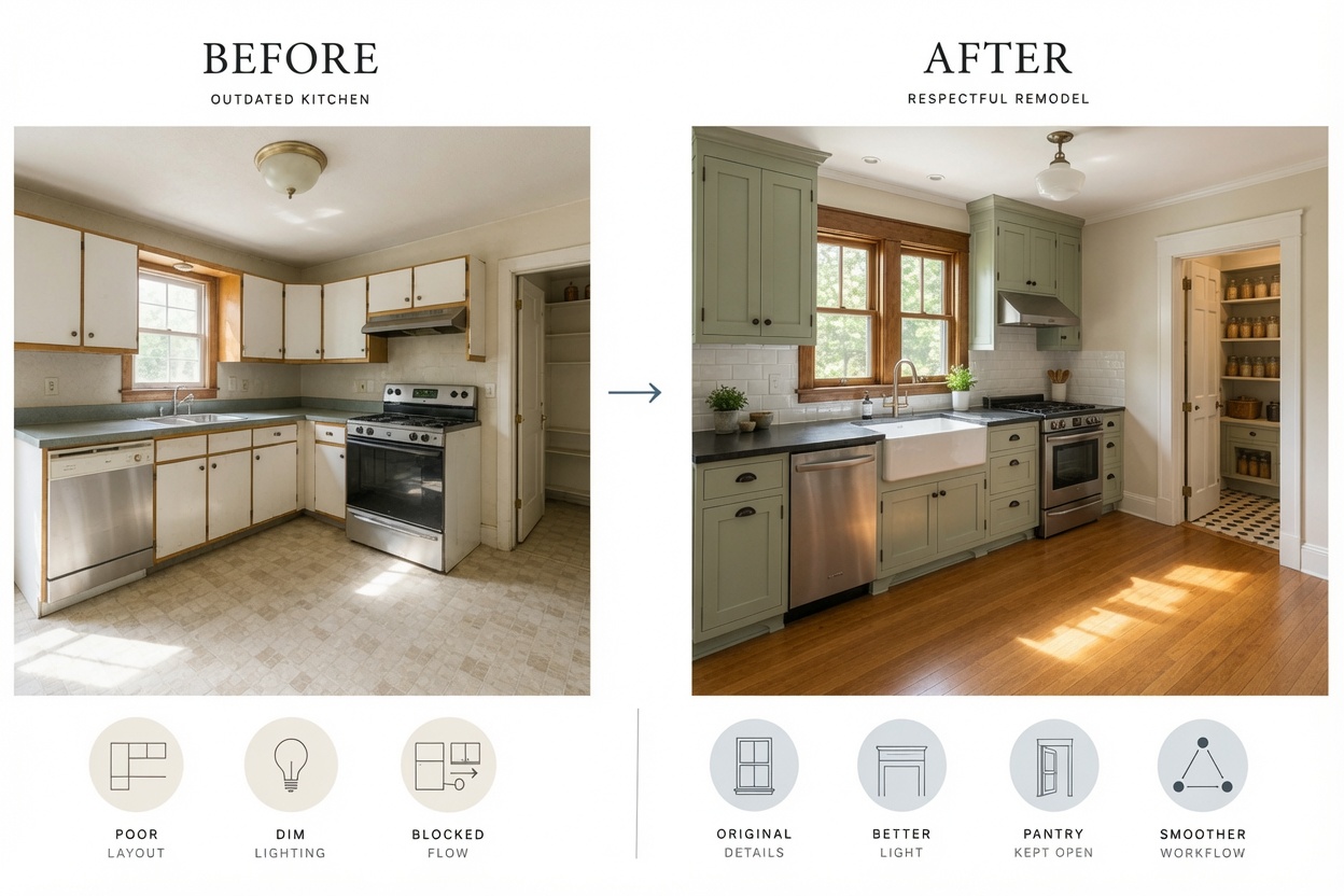 Before-and-after comparison of an outdated 1910s kitchen and a respectful modern remodel.