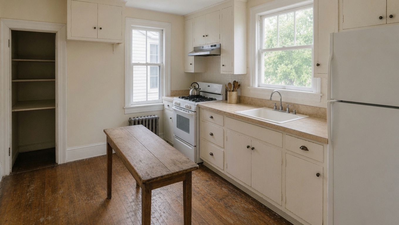 Improved 1910s kitchen layout with an accessible pantry, narrow worktable, and clearer circulation.