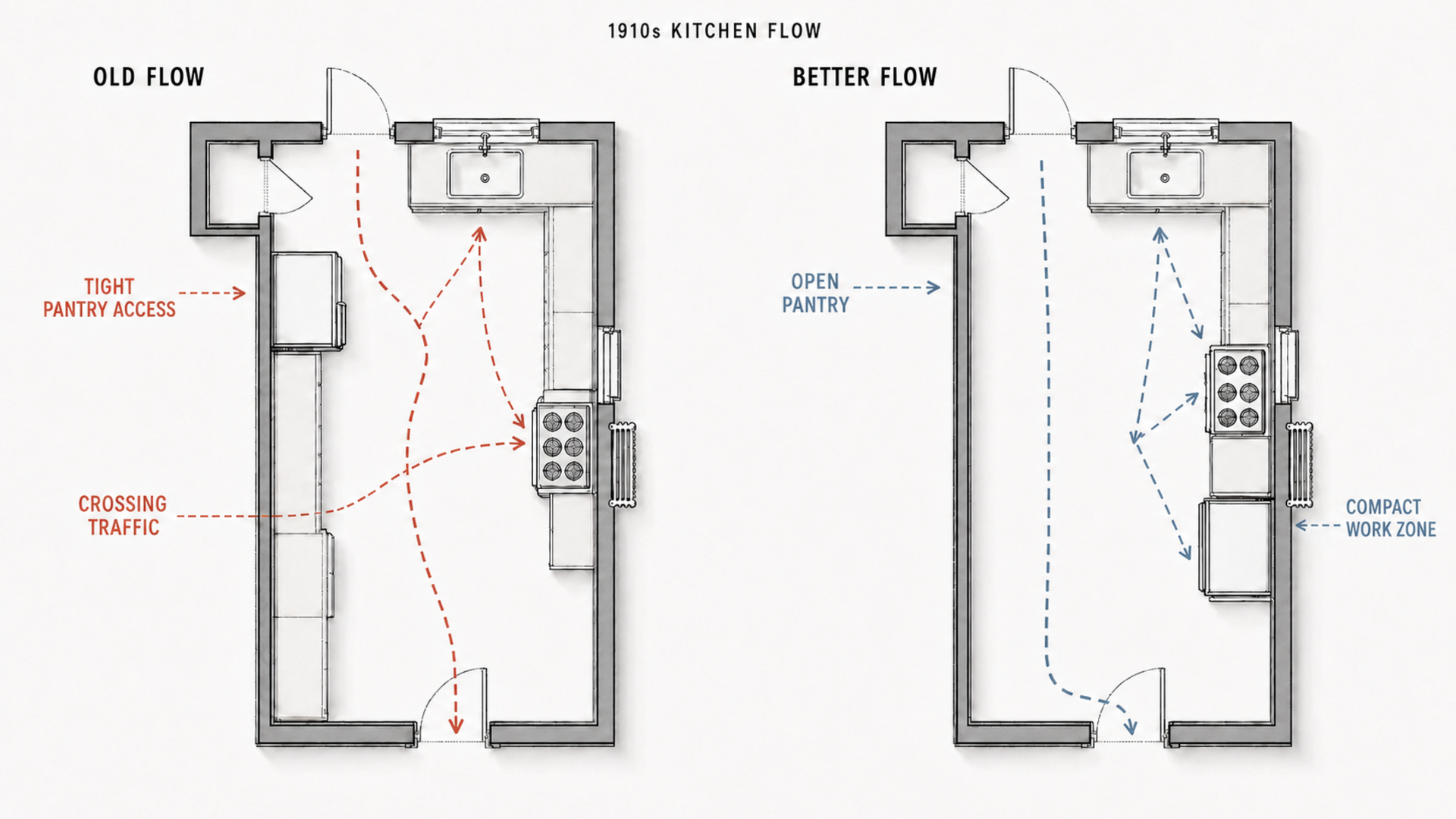 Old and improved circulation plans for a narrow 1910s kitchen showing pantry access, traffic, and appliance placement.