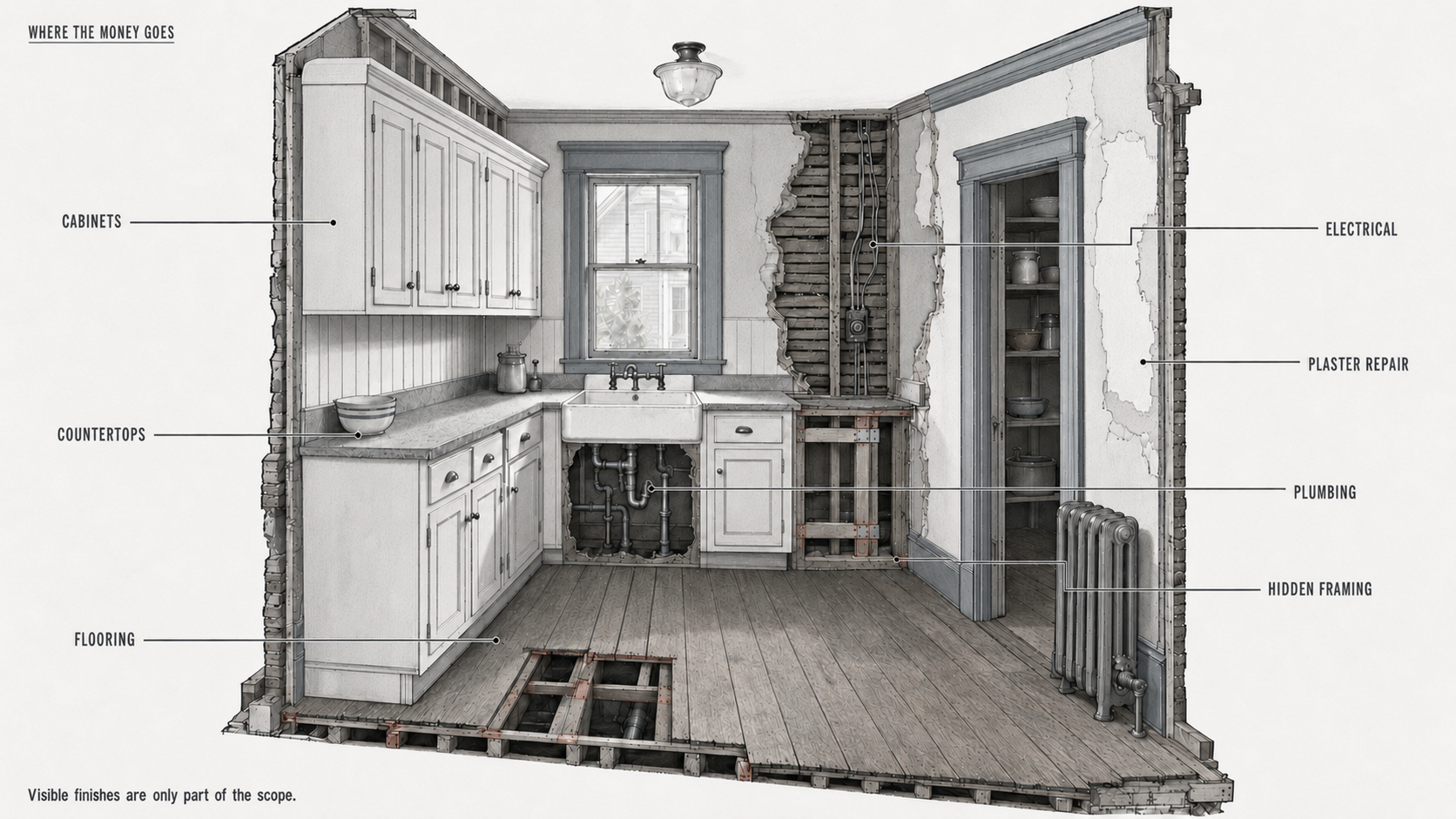Cutaway 1910s kitchen showing cabinets, plumbing, wiring, flooring, plaster, countertops, and hidden framing.