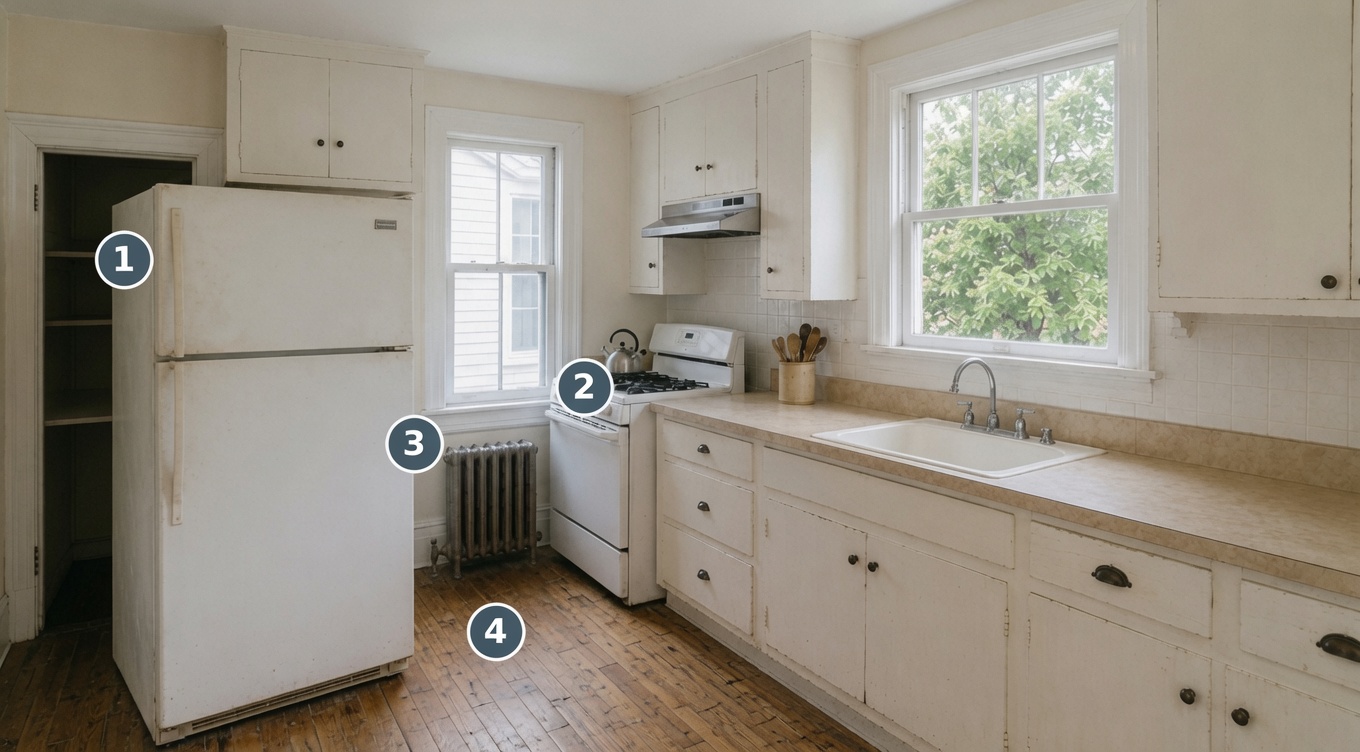 Four numbered markers identify practical layout problems in a narrow 1910s kitchen.