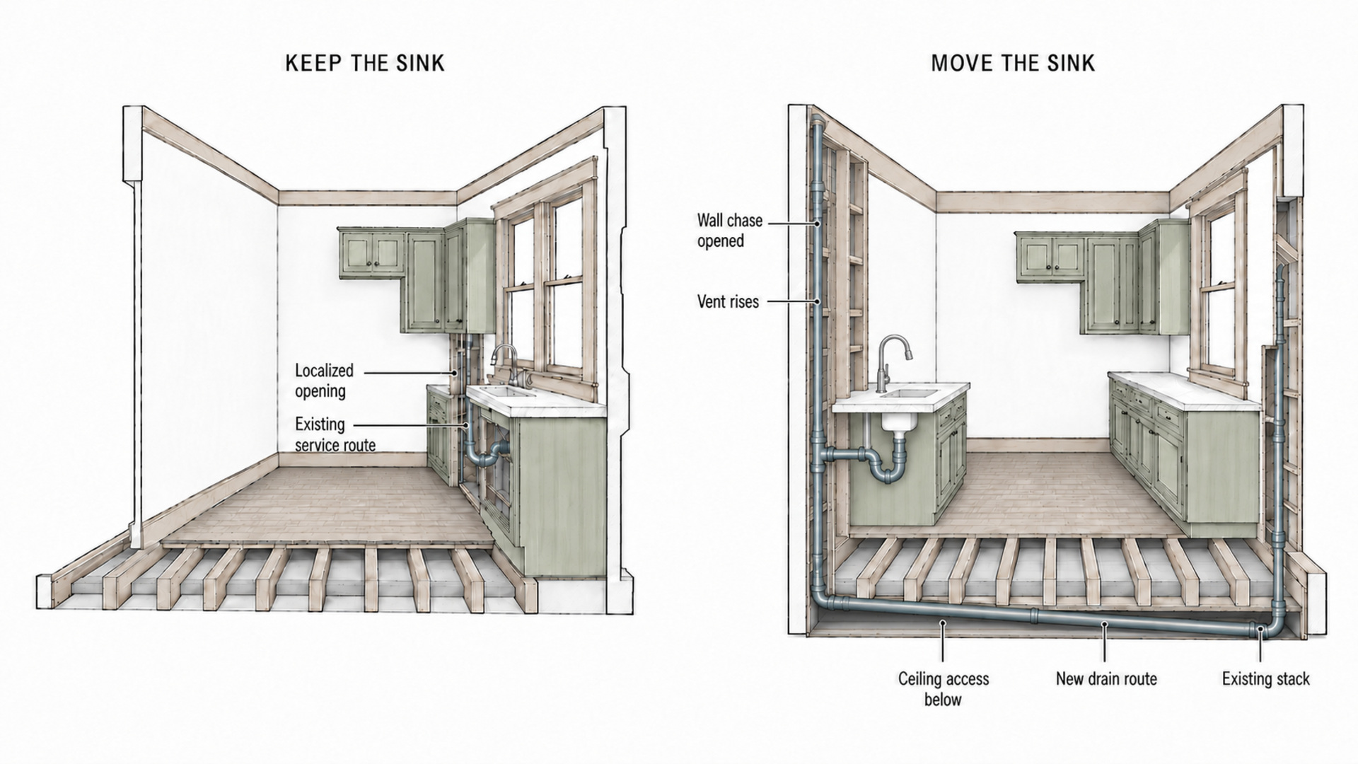 Comparison of demolition and drain routing when keeping or relocating a kitchen sink.