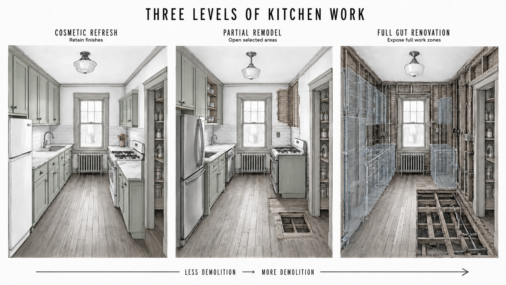 Three views of a 1910s kitchen showing cosmetic, partial, and full-gut remodeling scopes.