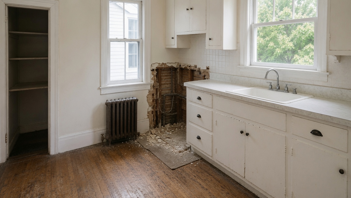 Selective demolition reveals wood lath, layered plaster, old plumbing, and electrical wiring in a 1910s kitchen.