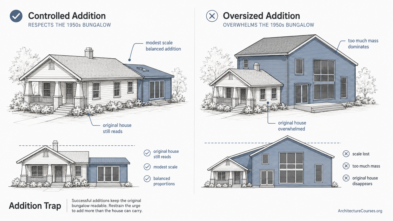 Diagram comparing a controlled bungalow addition with an oversized addition that overwhelms the house.