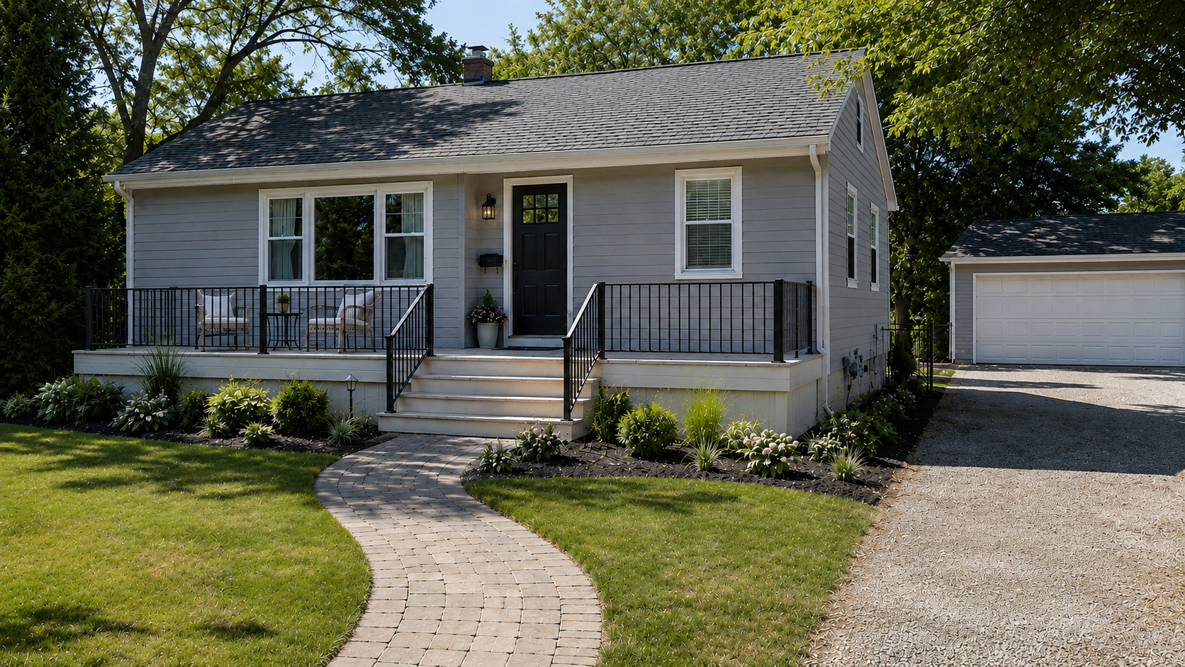 Updated 1950s bungalow exterior with wider front porch, black railing, curved walkway, and new landscaping.