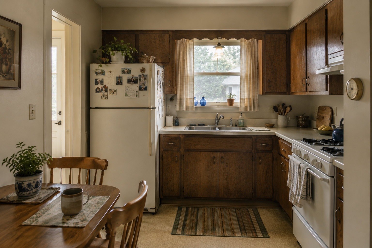 Small 1950s bungalow kitchen with wood cabinets, white refrigerator, stove, and compact dining table.