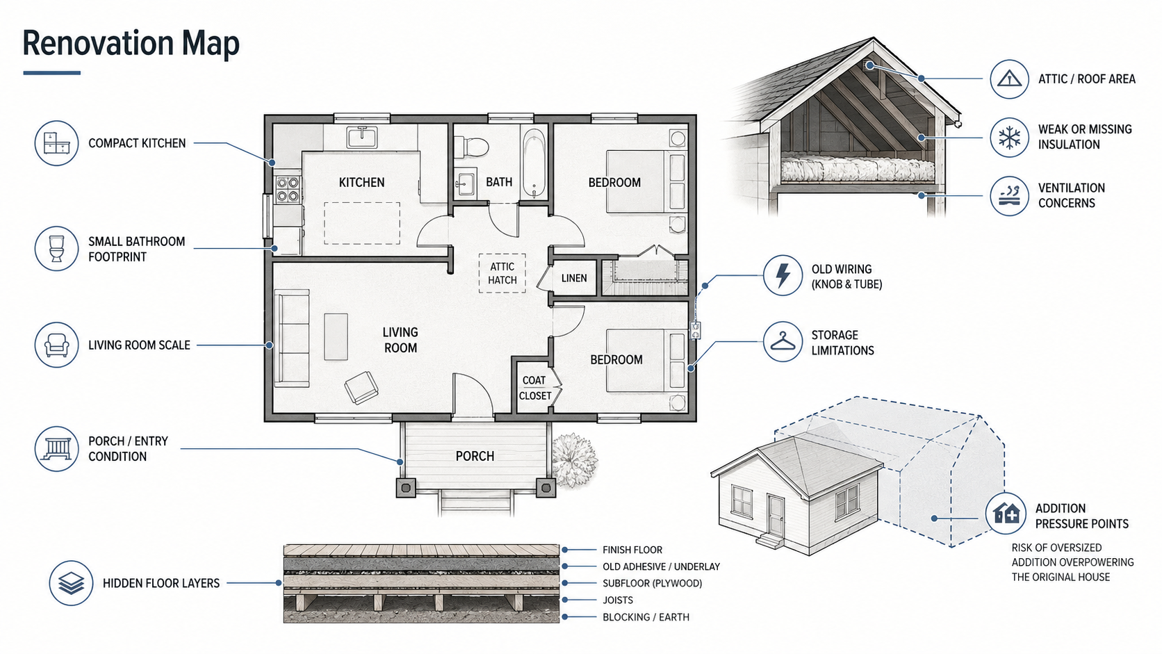 Diagram showing the main renovation pressure points in a 1950s bungalow.
