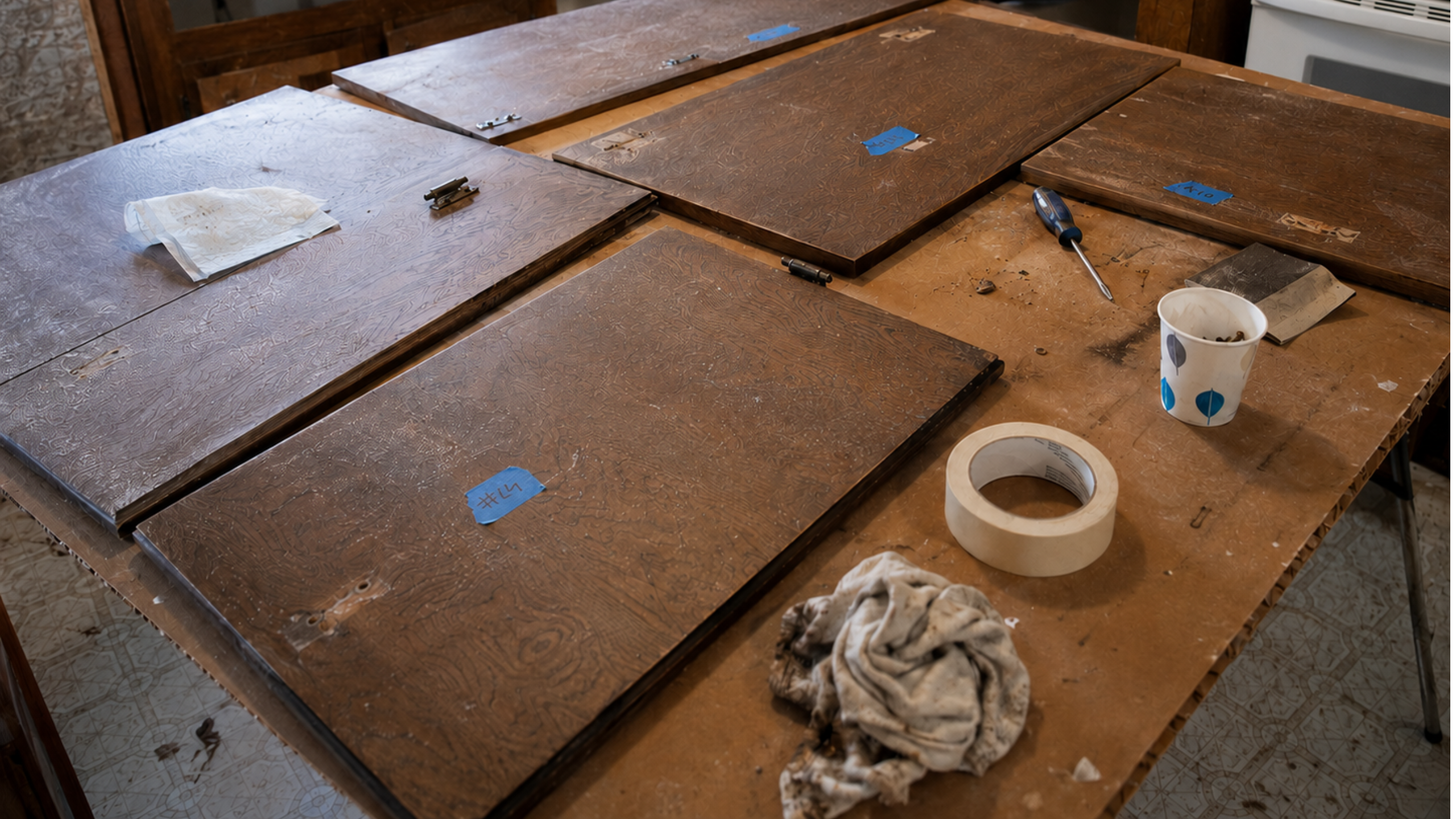 1970s kitchen cabinet doors removed, labeled, and laid out for cleaning, sanding, and paint prep.