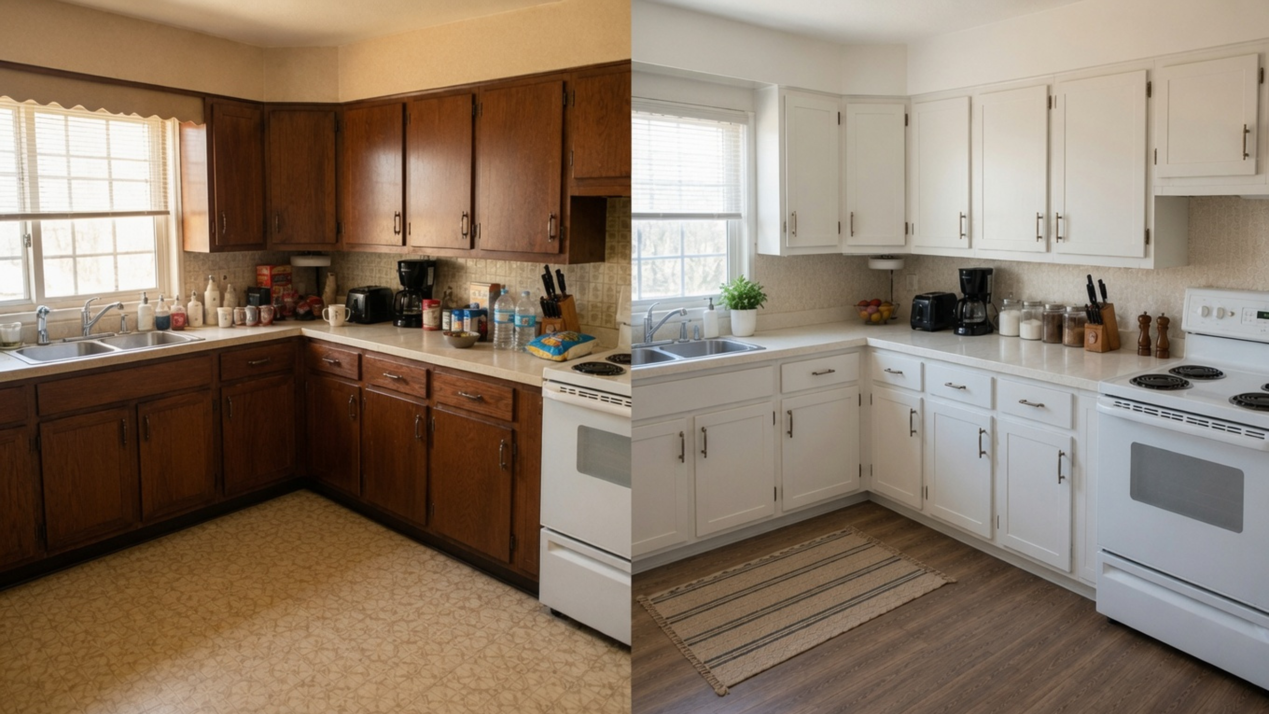 Before and after 1970s kitchen update with dark wood cabinets changed to painted cabinets, new hardware, and darker flooring.