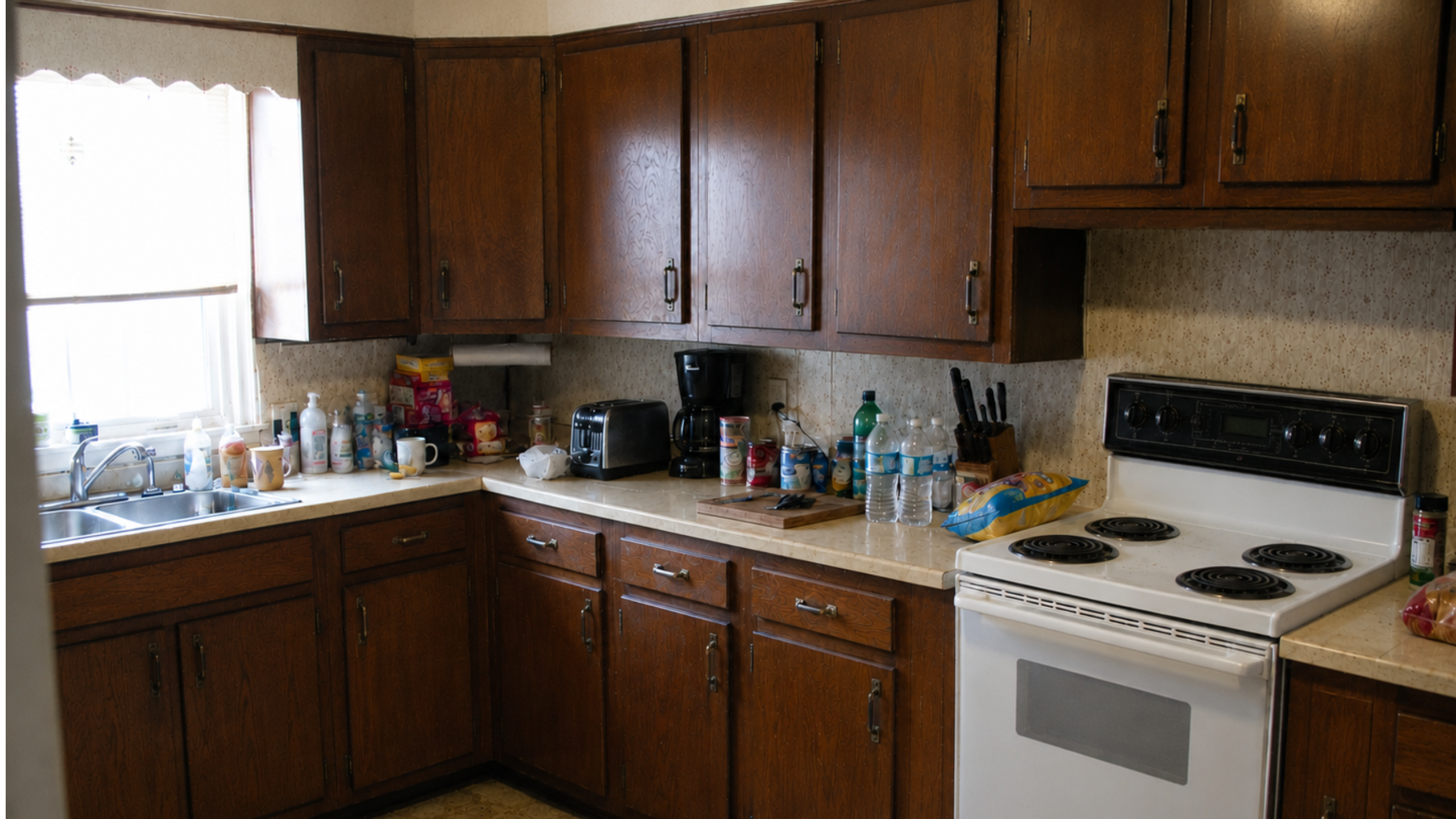 Old 1970s kitchen before a budget update with dark wood cabinets, laminate counters, old flooring, and dated hardware.